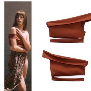 Zara Brown asymmetrical cut out cropped bikini bathing suit top Sz M NWOT🔥